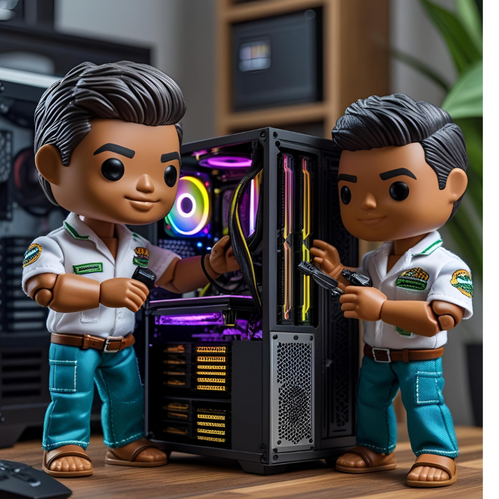 Dos técnicos de Mac Soporte Málaga ensamblando un PC gaming de alto rendimiento en su taller cerca de Campus El Ejido. La imagen muestra la atención al detalle en el montaje de componentes como la tarjeta gráfica y la placa base, reforzando el servicio de soporte y reparación.