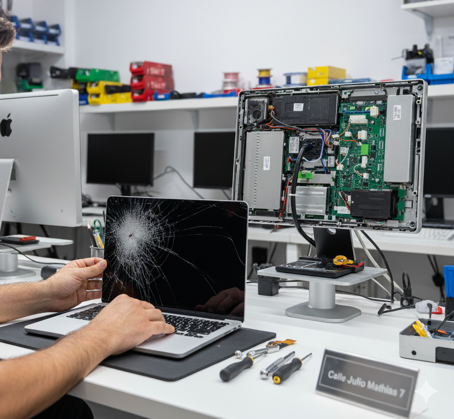 Técnico de Mac Soporte S.L. reparando MacBook con pantalla rota y iMac abierto en Calle Julio Mathias 7, Málaga.