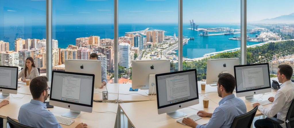 “Técnico especializado de Mac Soporte Málaga realizando mantenimiento preventivo en un iMac en una oficina moderna en Málaga. Servicio técnico Apple para empresas.”