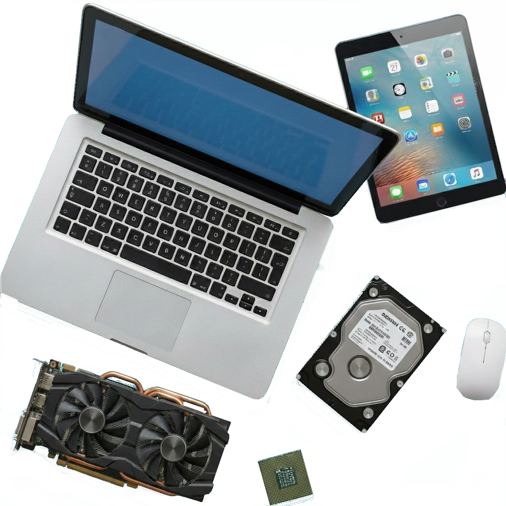 Muestra de un portátil, disco duro, ratón, microprocesador, tarjeta gráfica y iPad con el logo de Mac Soporte. La imagen representa la venta y reparación de componentes de informática.