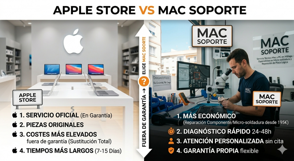 Comparativa de servicios: Apple Store oficial frente a Mac Soporte Málaga. Diferencias en precios de reparación de placa base, tiempos de diagnóstico rápido y ahorro fuera de garantía en Málaga.