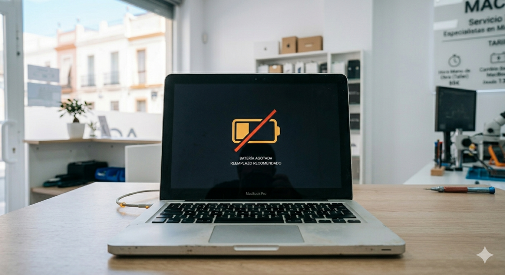 Primer plano de un MacBook con un icono de batería tachada y el mensaje de aviso 'BATERÍA AGOTADA. REEMPLAZO RECOMENDADO' en pantalla. Imagen para el servicio de sustitución de batería profesional en el taller de Mac Soporte Málaga.