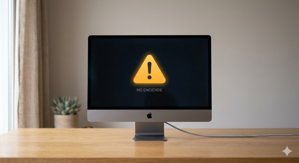 iMac no enciende en Málaga: icono de advertencia de fallo de alimentación